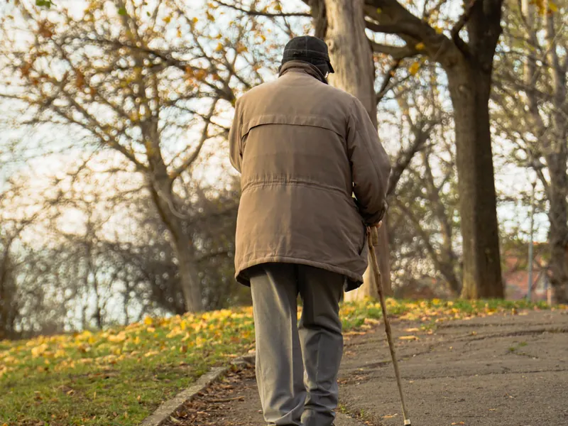 Älterer Mann geht mit Gehstock über einen herbstlichen Parkweg